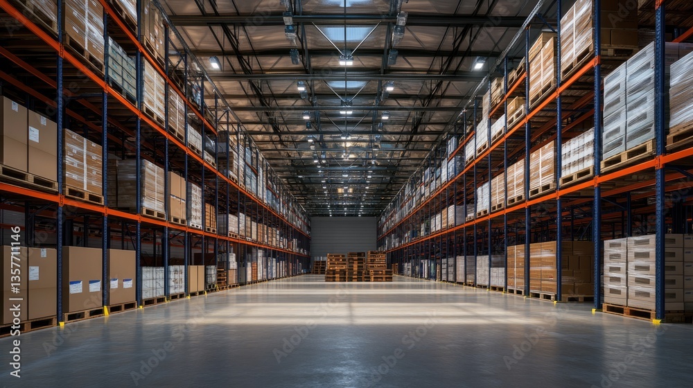 Vast Warehouse Interior: Rows of Pallets & Boxes Vast Warehouse Interior: Rows of Pallets & Boxes