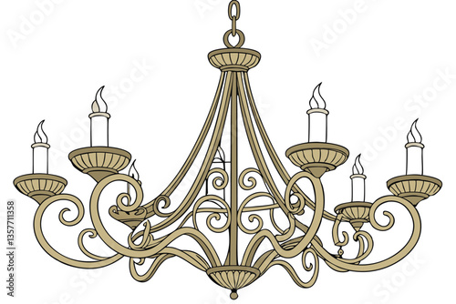 34 Ornate antique brass chandelier, intricate baroque design, eight-arm candelabra, elaborate metalwork, scrolling details, patina finish, white candles, symmetrical composition, luxurious lighting fi