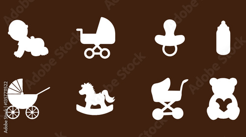 Baby Icons Set - Stroller, Pacifier, Teddy, Bottle, Toy