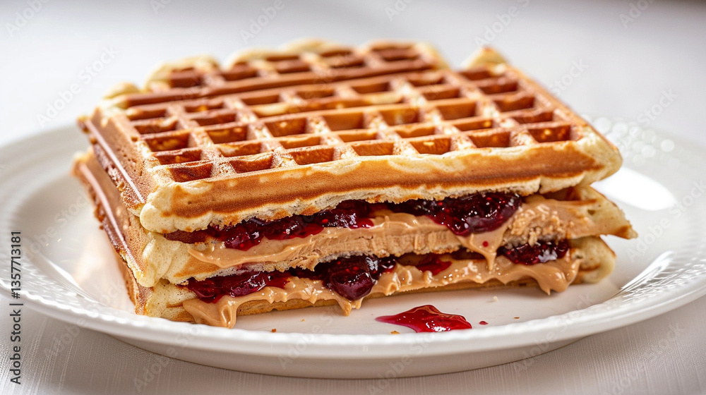 Peanut butter and jelly waffle sandwich stacked with visible filling, playful comfort food concept ideal for family meals and cafe content Peanut butter and jelly waffle sandwich stacked with visible filling, playful comfort food concept ideal for family meals and cafe content