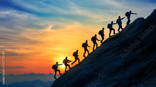 a group of climbers ascending a mountain against a stunning sunset backdrop, demonstrating determination and teamwork 