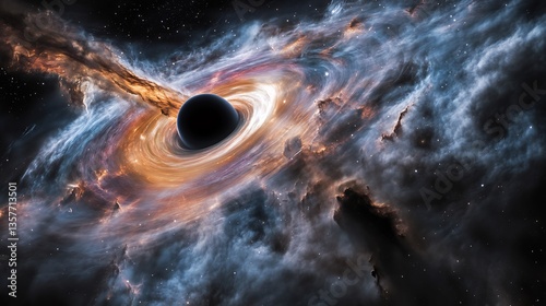 Black hole consuming a nearby star warping light into swirling patterns on a dramatic space background