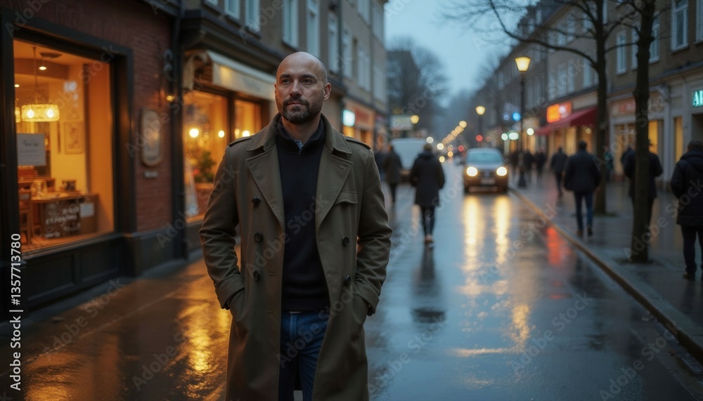 A man in a brown coat stands on a wet street in front of a store. The street is empty, and the man is the only person visible. The scene is quiet and peaceful A man in a brown coat stands on a wet street in front of a store. The street is empty, and the man is the only person visible. The scene is quiet and peaceful