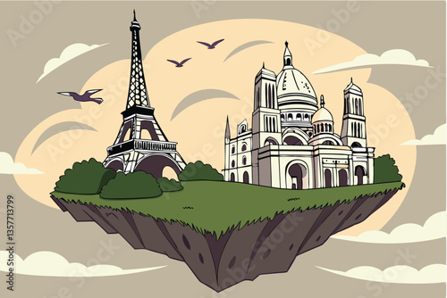 36 Paris landmarks, floating island, Eiffel Tower, Arc de Triomphe, Louvre pyramid, Notre-Dame Cathedral, surreal cityscape, grass base, flying birds, sunset sky, golden hour, dreamlike composition, a