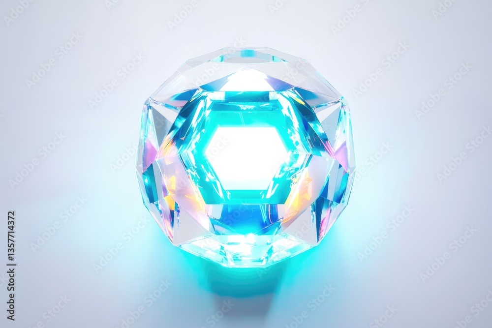 Naklejka premium A luminous,faceted gemstone with iridescent hues glows against a soft background.