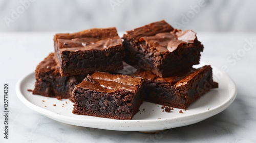 Stacked chocolate brownies with glossy tops, rich texture ideal for dessert promotions and indulgent chocolate product photography