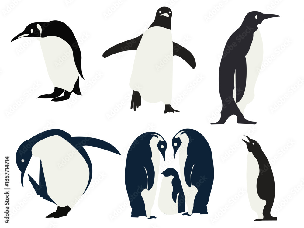 Naklejka premium Penguin silhouettes from the Arctic and Antarctic, a big collection of vector silhouettes, with a white background