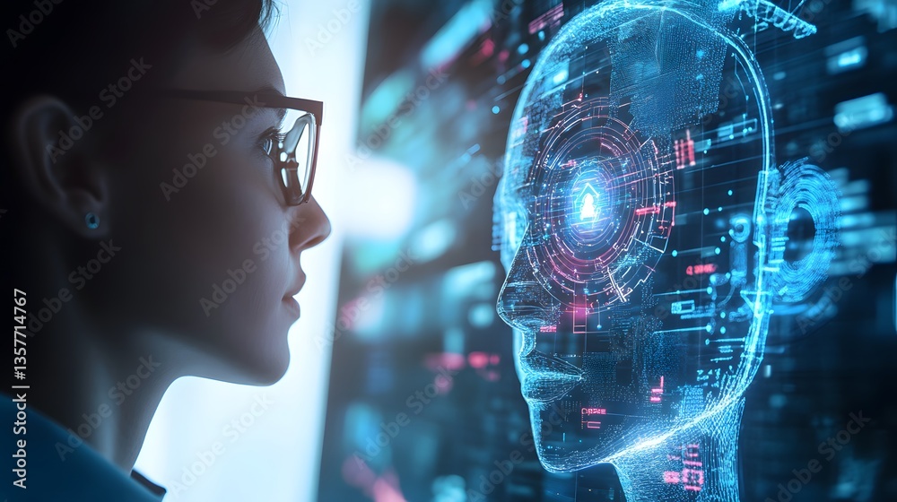 Fototapeta premium A woman in glasses looks at the artificial intelligence which is in front of her