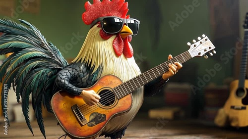Funny rooster playing acoustic guitar in room with guitars