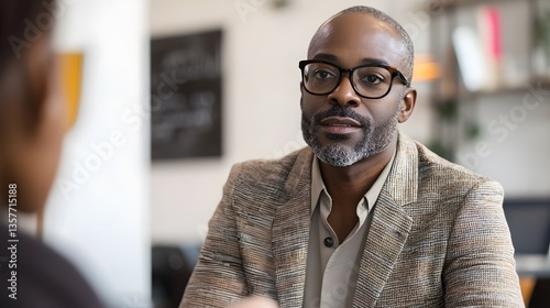 A professional man is intently listening, appearing engaged in a conversation or interview. The setting is possibly a modern workplace or meeting space.