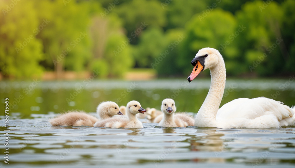 Mother swan with cygnets swimming in a serene lake, lake with swans, boat trip Mother swan with cygnets swimming in a serene lake, lake with swans, boat trip