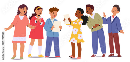 Cute talented preschool kids characters singing song in choir standing together isolated on white