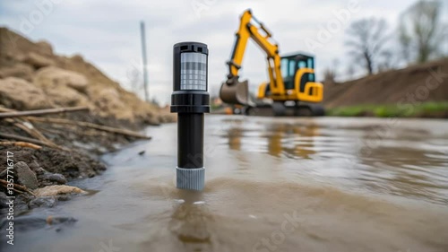 A closeup of a water turbidity sensor submerged in a stream with a blurred view of construction equipment in the background causing runoff concerns.