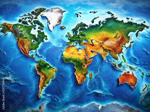 Panoramic World Map: Detailed Ocean and Continent View