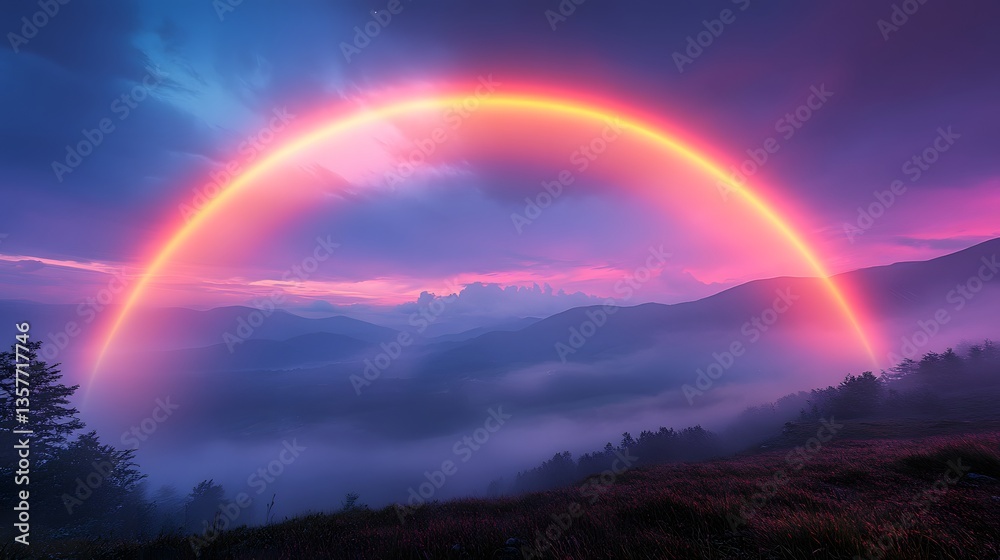 Naklejka premium Magical Double Rainbow Over Misty Mountain