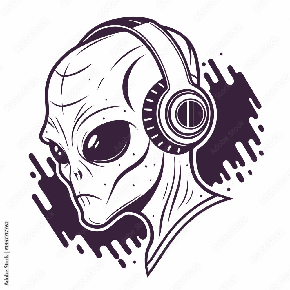 Fototapeta premium Alien head wearing headphones with glitch effects vector design