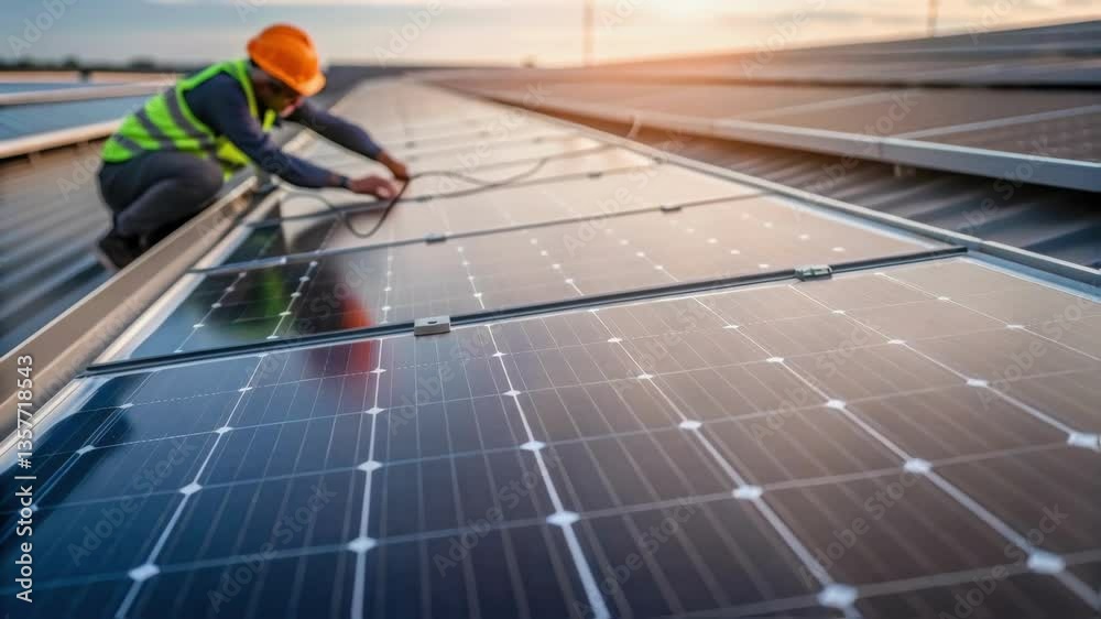 A closeup of solar panels being installed on the roof of a biogas plant with a worker attaching wiring as the sunlight reflects off the panels.