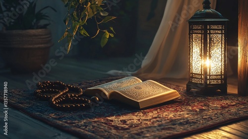 A peaceful arrangement of prayer beads, book, and lantern creating a serene ambiance