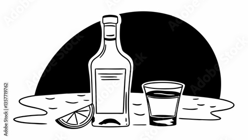 Minimalistic tequila bottle and shot glass with lime  