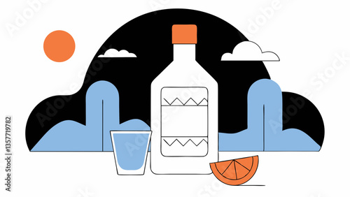 Minimalistic tequila bottle and shot against a graphic background  