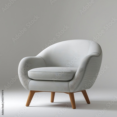 A serene, light grey armchair offering a peaceful retreat, inviting relaxation with its soft, textured fabric and simple wooden legs.