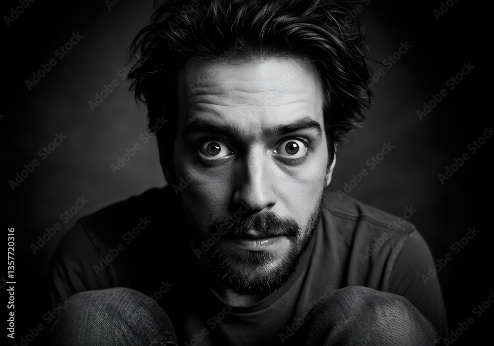 Fototapeta premium Black And White Picture Of A Man With Mental Disorder