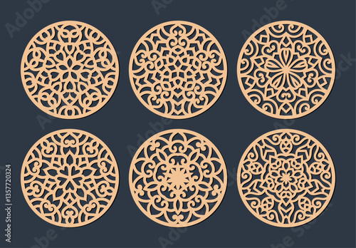 Laser cut patterned coasters, decorative round ornaments.