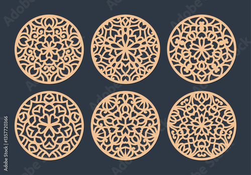 Lotus Mandala Vector Template Set for Cutting and Printing. Oriental silhouette ornament. Vector coaster design	