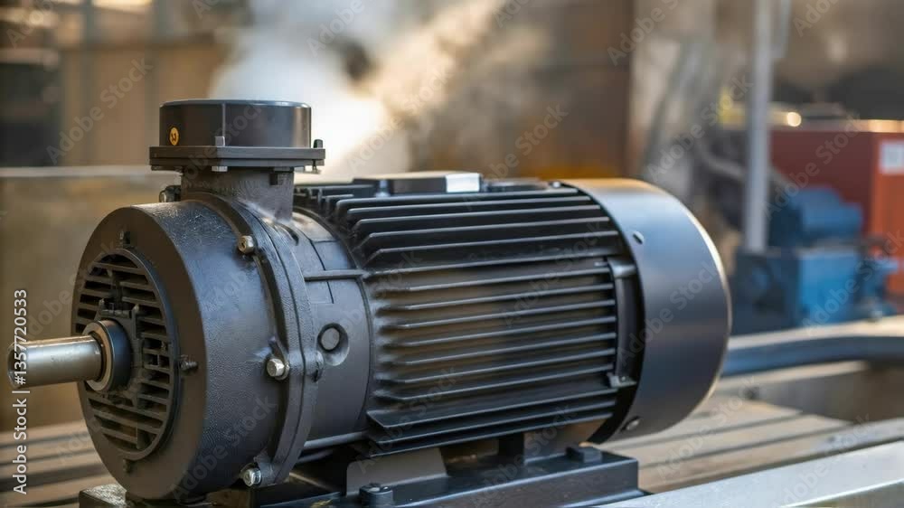 A closeup showing the powerful motor of the water pump highlighting the cooling fins and electrical connections with steam rising above it.
