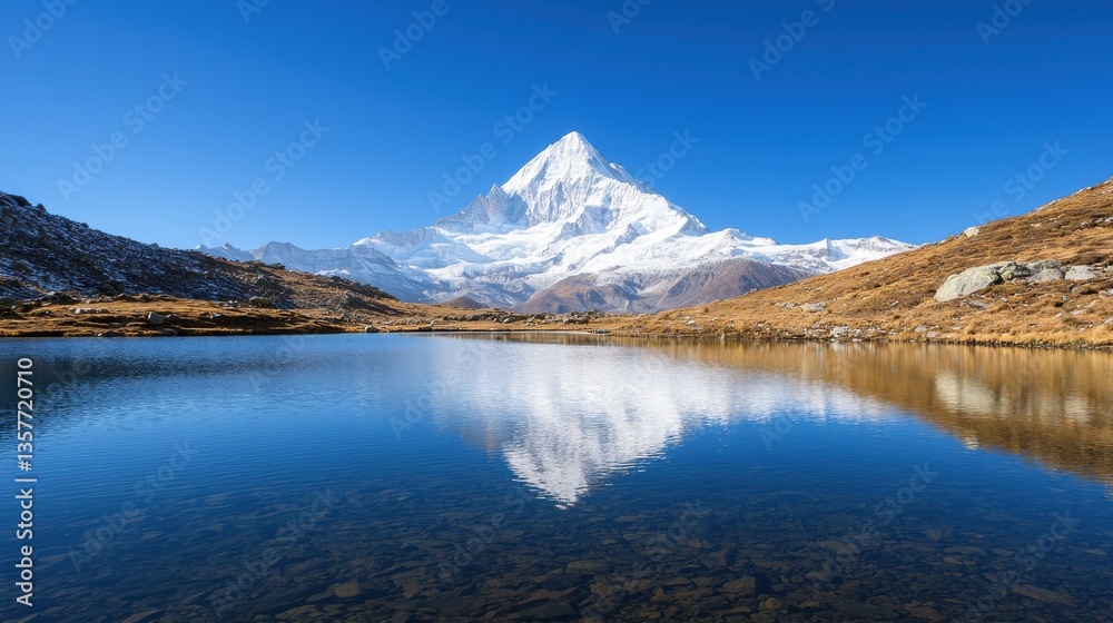 Fototapeta premium A stunning mountain landscape reflected in a serene lake, featuring clear blue skies and a snow-capped peak, surrounded by rocky terrain.