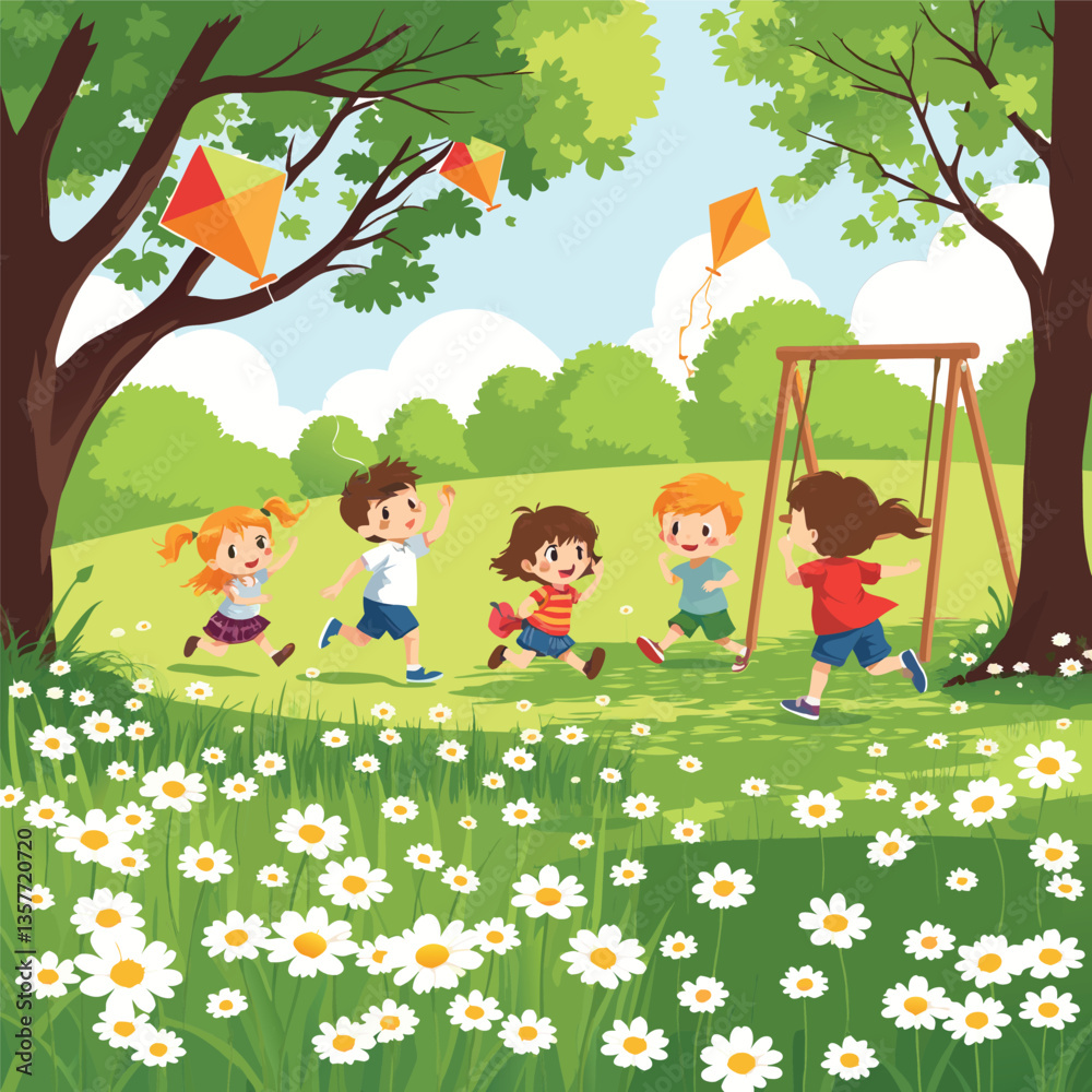 Naklejka premium Children Running and Flying Kites in a Lush Green Field Surrounded by Trees and Wildflowers