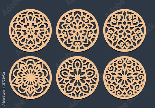 Laser cut patterned coasters, decorative round ornaments.