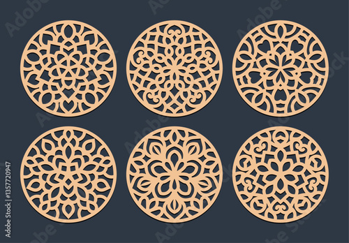 Set decorative circle coaster for laser cutting. Round abstract geometric coaster card. Laser cut design. Vector illustration	