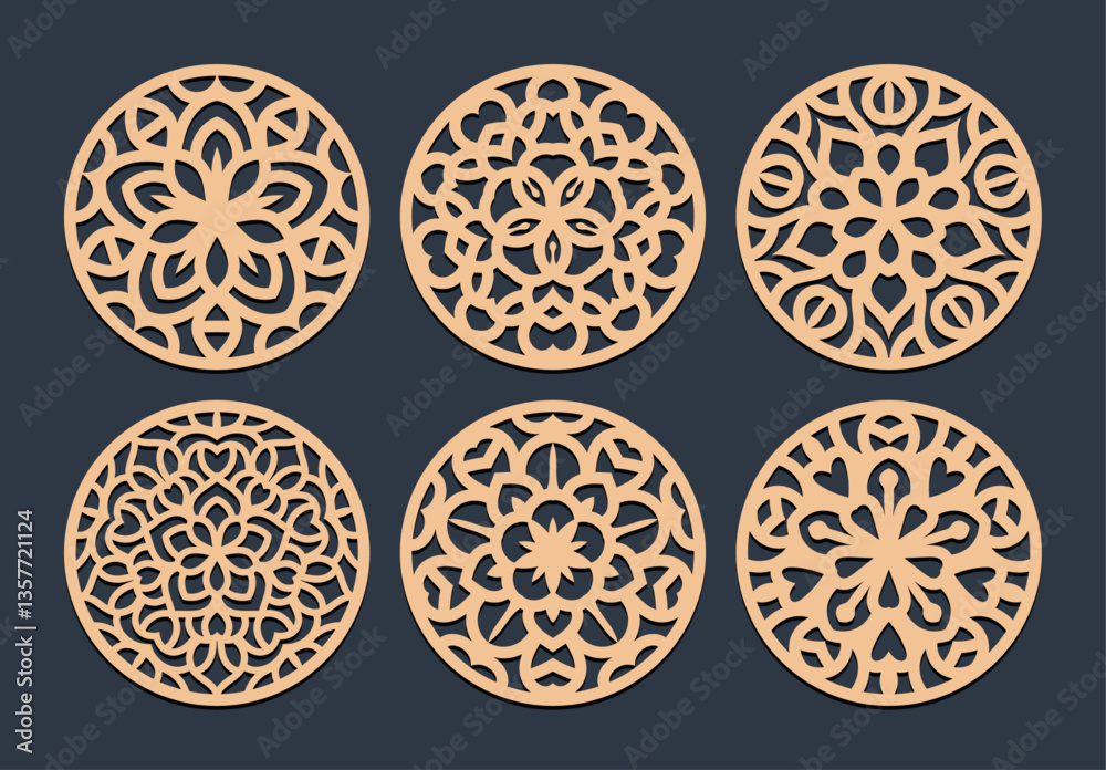 Laser cut patterned coasters, decorative round ornaments. Laser cut patterned coasters, decorative round ornaments.