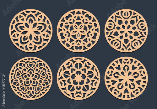 Laser cut patterned coasters, decorative round ornaments.