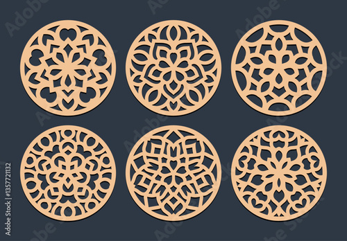 Lotus Mandala Vector Template Set for Cutting and Printing. Oriental silhouette ornament. Vector coaster design	