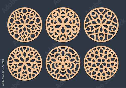 Lotus Mandala Vector Template Set for Cutting and Printing. Oriental silhouette ornament. Vector coaster design	