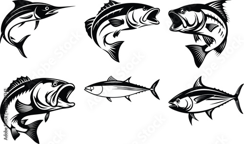 set of fishes, Vector Illustration of Sport Fishing Fish Set – Marlin, Bass, and Tuna in Black and White Design.