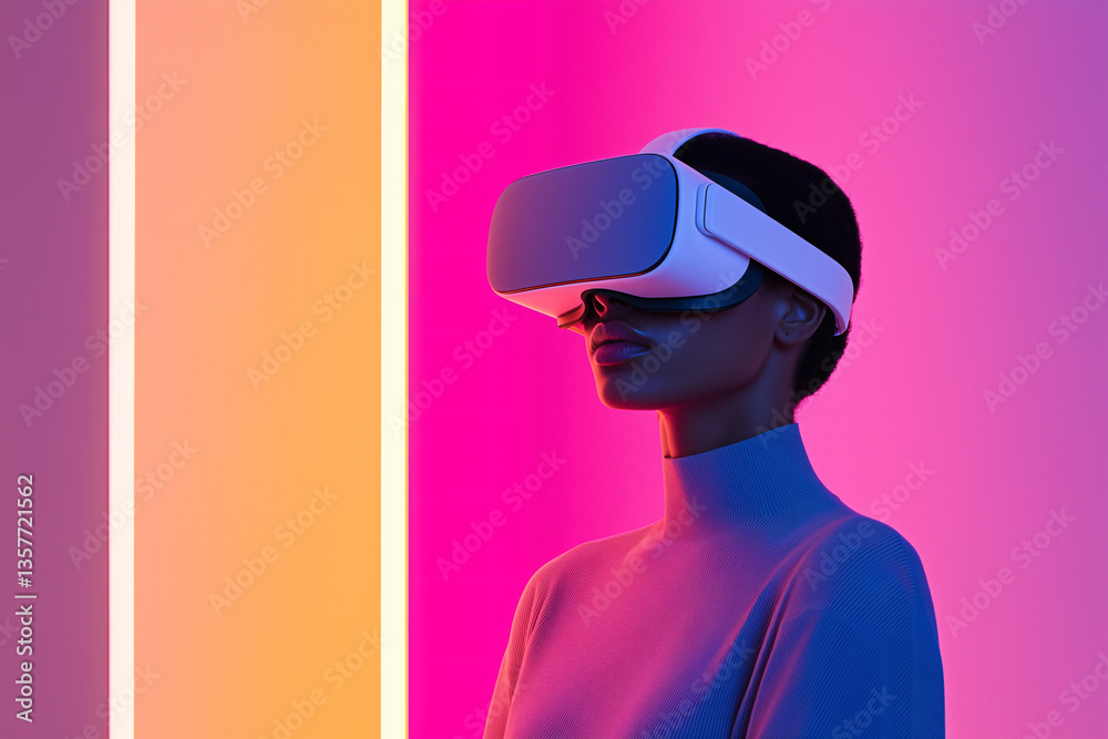 Immersive VR Experience: A person wearing a sleek VR headset, eyes closed, immersed in a virtual reality, bathed in vibrant neon light, an exploration of the digital world Immersive VR Experience: A person wearing a sleek VR headset, eyes closed, immersed in a virtual reality, bathed in vibrant neon light, an exploration of the digital world