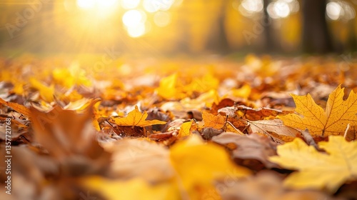 A beautiful carpet of autumn leaves in shades of yellow and brown, illuminated by warm sunlight filtering through trees.