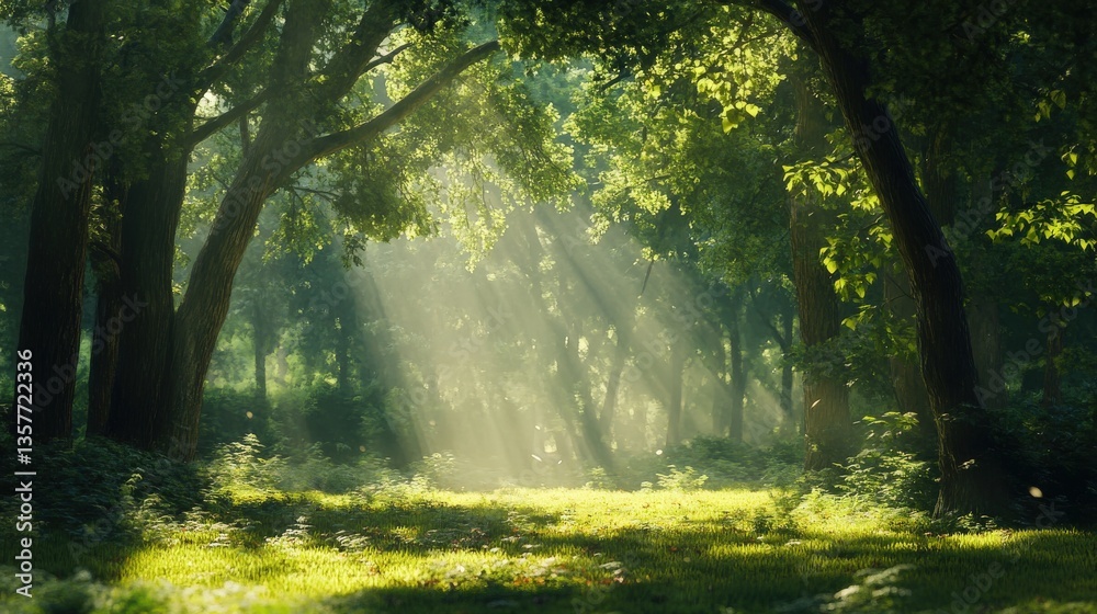 Fototapeta premium Sunlight Streams Through a Lush Green Forest Creating Bright Rays