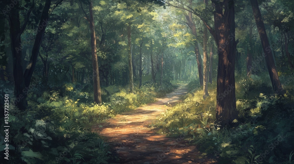 Fototapeta premium An illuminated path winds through a lush green forest scene