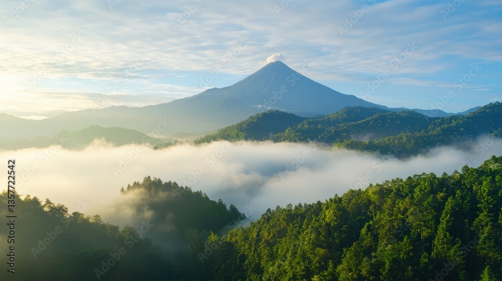 Naklejka premium A stunning mountain landscape with a volcano shrouded in mist, surrounded by lush green forests and a beautiful sky.