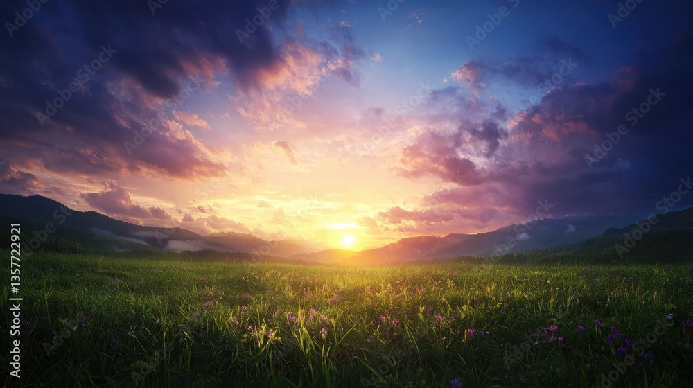Obraz premium A breathtaking sunset over rolling hills, illuminating the sky with vibrant colors, casting a warm glow on the lush green meadow below.