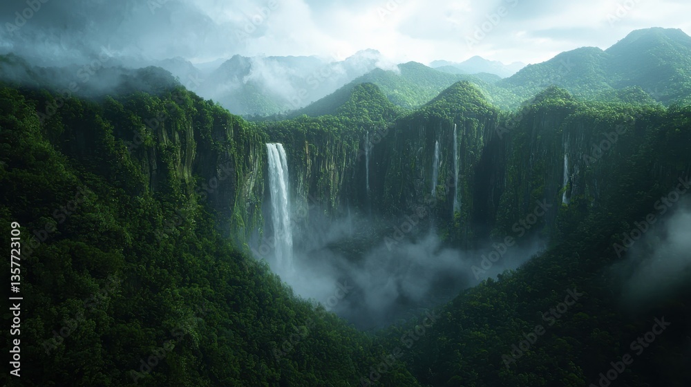 Fototapeta premium Majestic waterfalls cascade down lush green mountains, enveloped in mist, creating a breathtaking natural landscape.