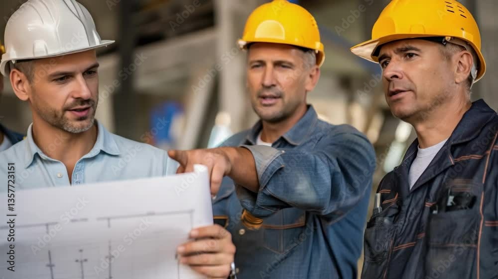 A medium closeup of a foreman discussing plans with crew members emphasizing the collaboration and communication a the team with blueprints and measuring tools in hand. A medium closeup of a foreman discussing plans with crew members emphasizing the collaboration and communication a the team with blueprints and measuring tools in hand.