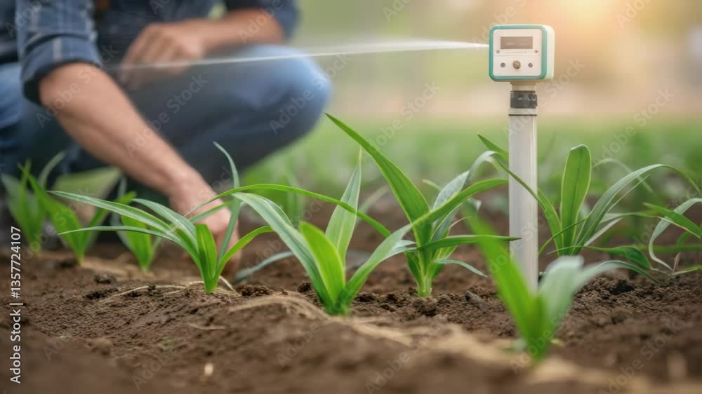 A medium closeup of an installer using a soil moisture sensor to determine the placement and saturation needs of the sprinkler system around plants.
