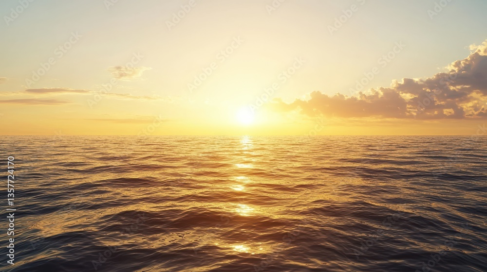 Naklejka premium A serene ocean landscape at sunset, with gentle waves reflecting golden sunlight against a clear sky, creating a tranquil atmosphere.