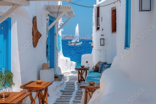 A narrow alleyway with a blue door and a white door. A sailboat is in the water