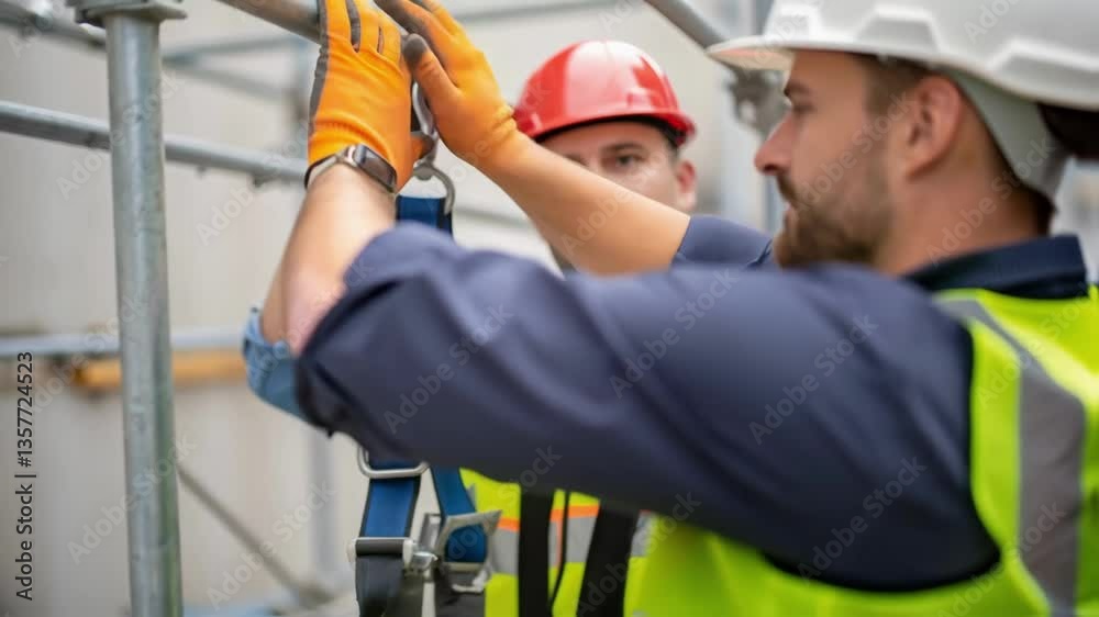 A medium closeup of a scaffold worker demonstrating a safety harness with a colleague observing highlighting techniques for preventing falls during installations.